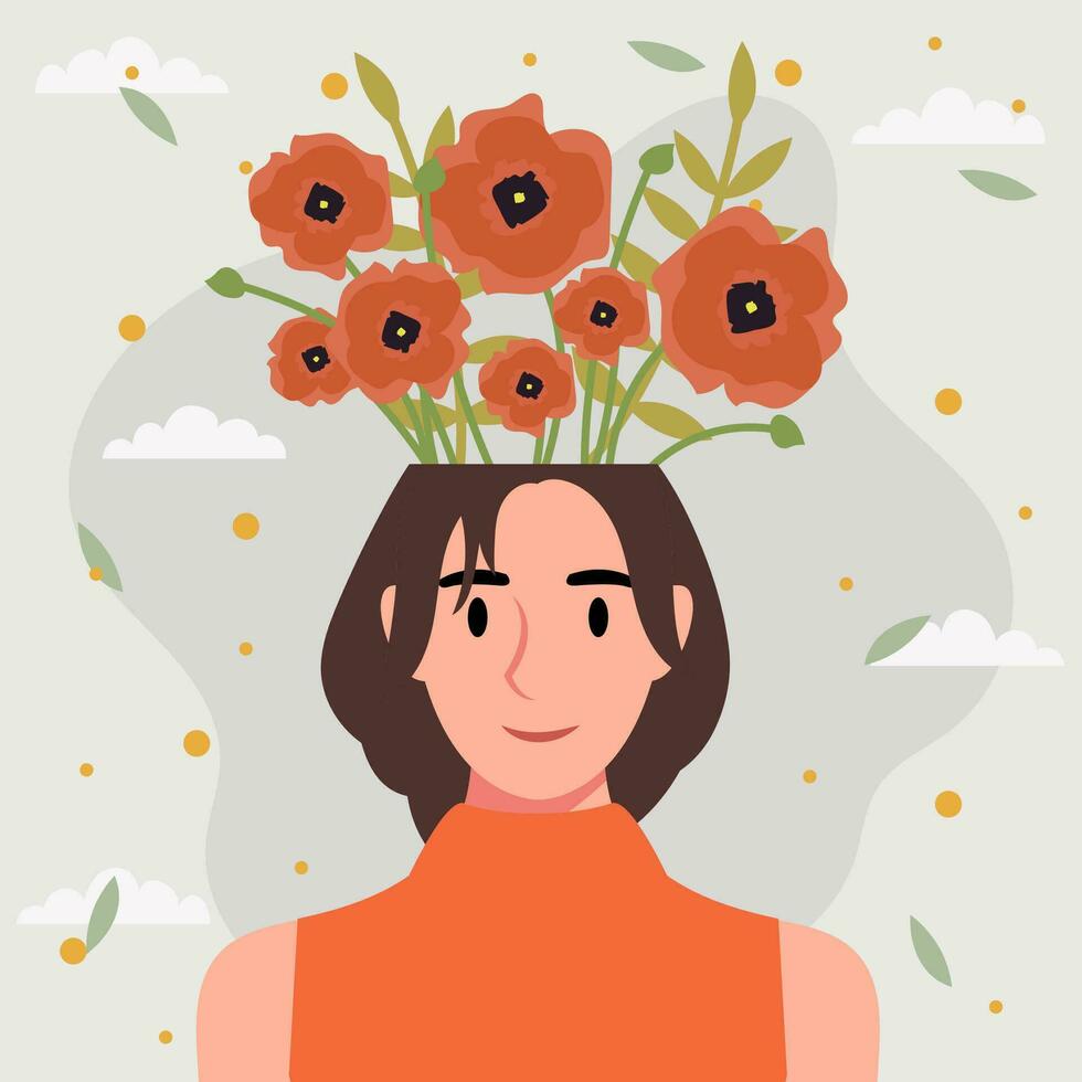 Flat design vector illustration concept of woman with flowers in her head.