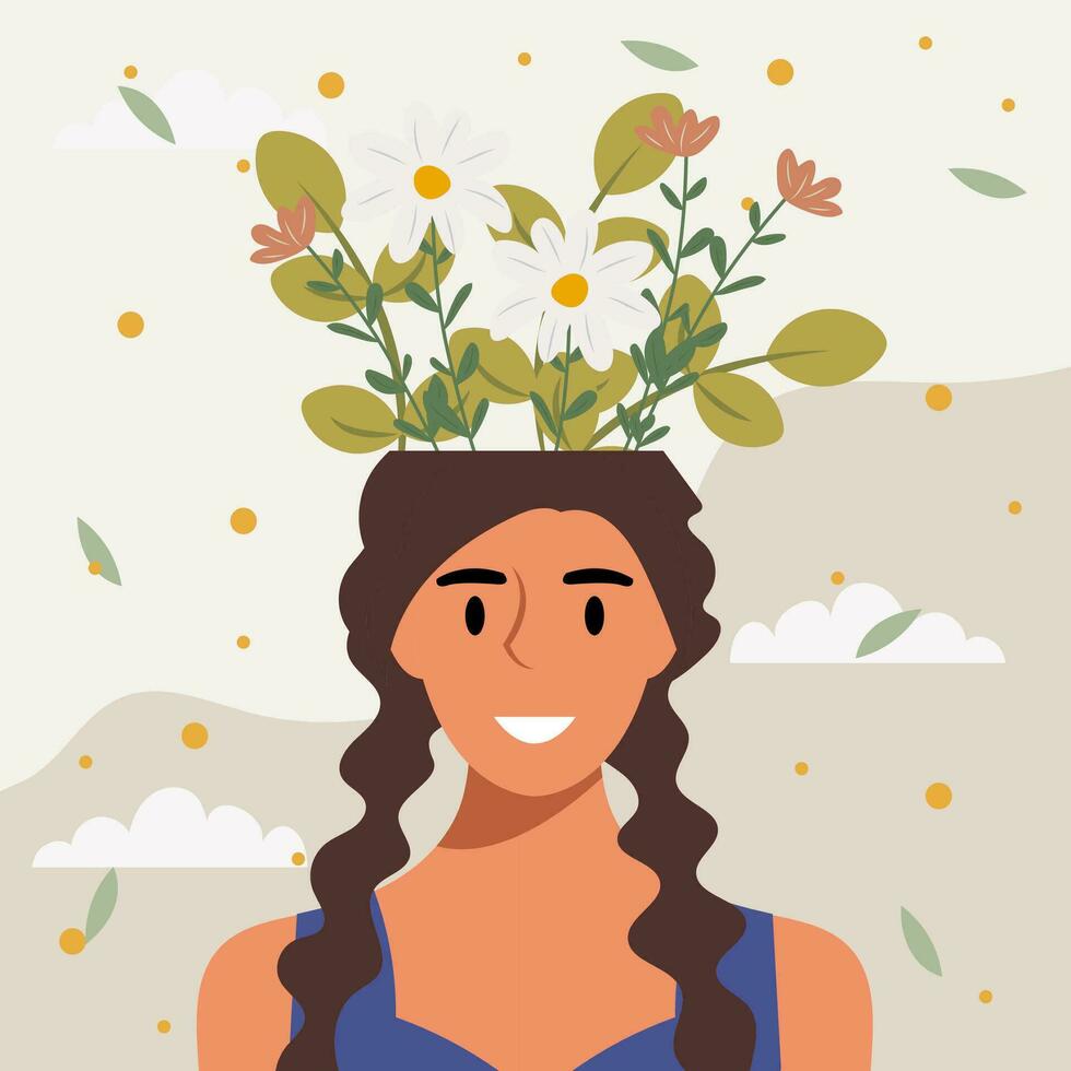 plano diseño vector ilustración concepto de mujer con flores en su cabeza.