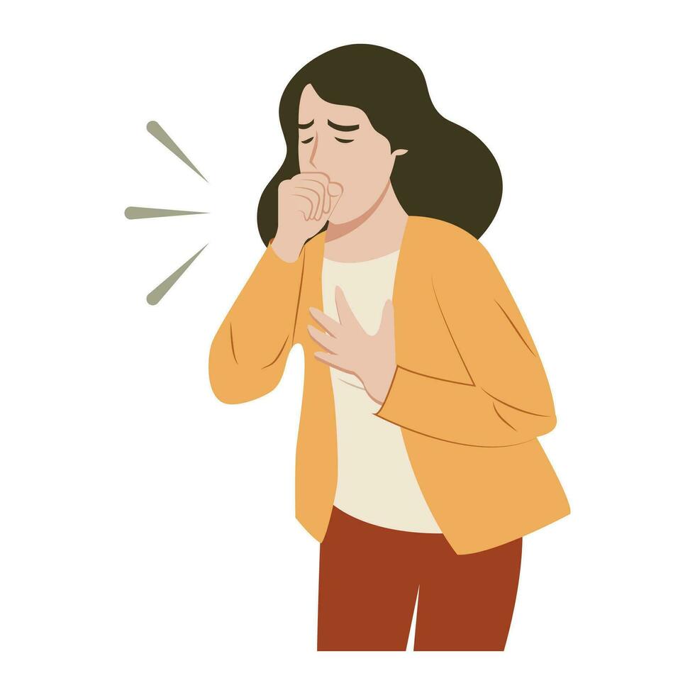 Female character sneezing and coughing in wrong position. Prevention against viruses and infections. Vector illustration in flat style