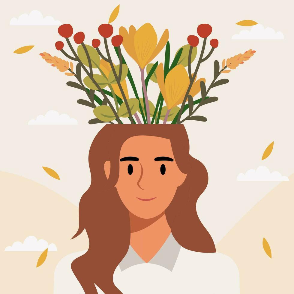 plano diseño vector ilustración concepto de mujer con flores en su cabeza.