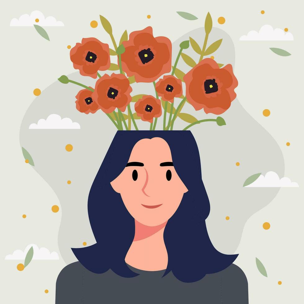 plano diseño vector ilustración concepto de mujer con flores en su cabeza.