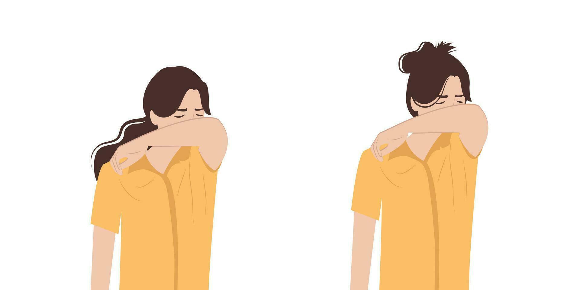 True and false sneezing and coughing woman character. Woman coughing in arm, elbow and hand. Prevention against viruses and infections. vector