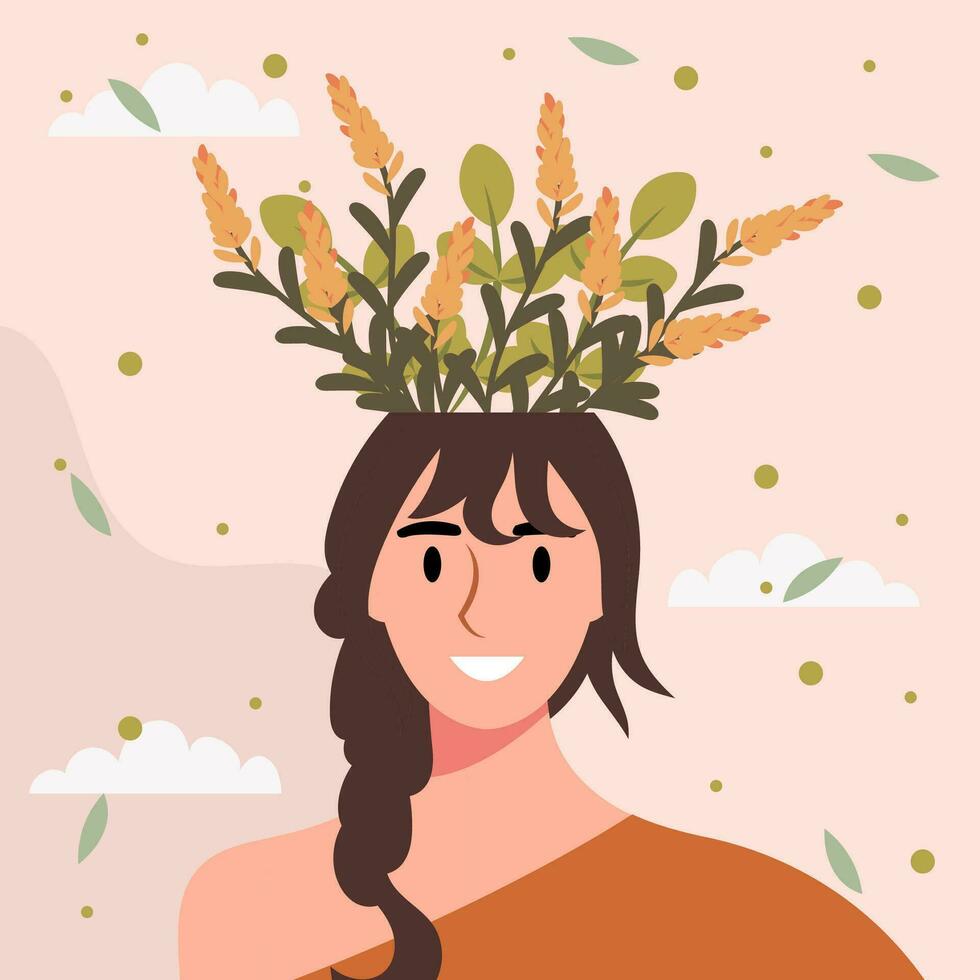 plano diseño vector ilustración concepto de mujer con flores en su cabeza.