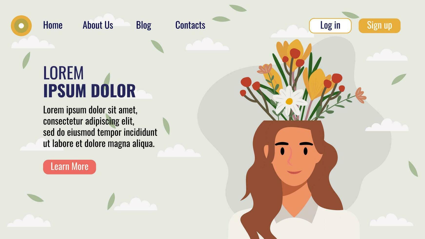 plano diseño sitio web aterrizaje página modelo con un retrato de un mujer con un ramo de flores de flores mental salud concepto. vector ilustración.