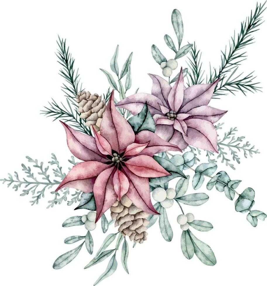 Christmas bouquet of red poinsettia flower, snowberry and emerald eucalyptus, spruce branch, dusty miller, pine cone. Hand painted watercolor botanical illustration for wedding invitation, card. vector