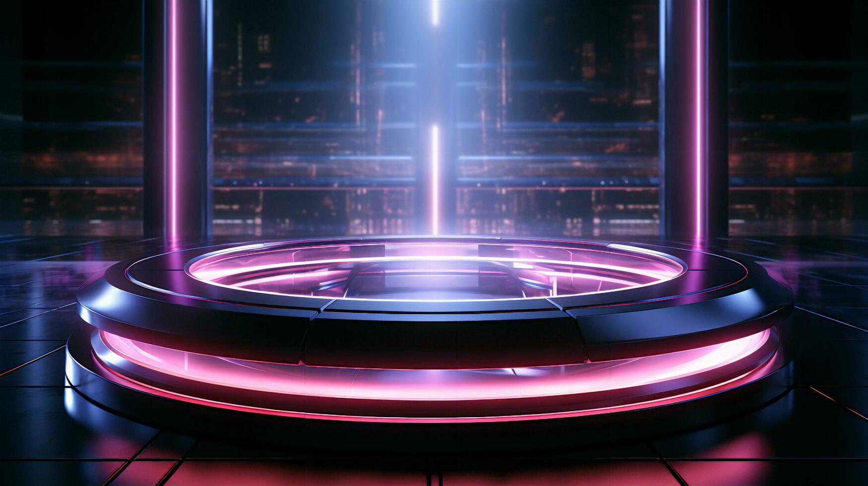 AI-Generated Abstract neon purple futuristic cylindrical round hi-tech platform stand photo