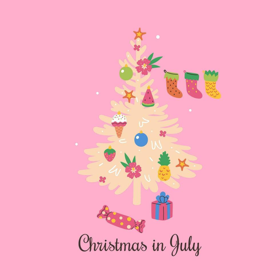 Pink tropical Christmas card with decorated Christmas tree. Vector graphics.