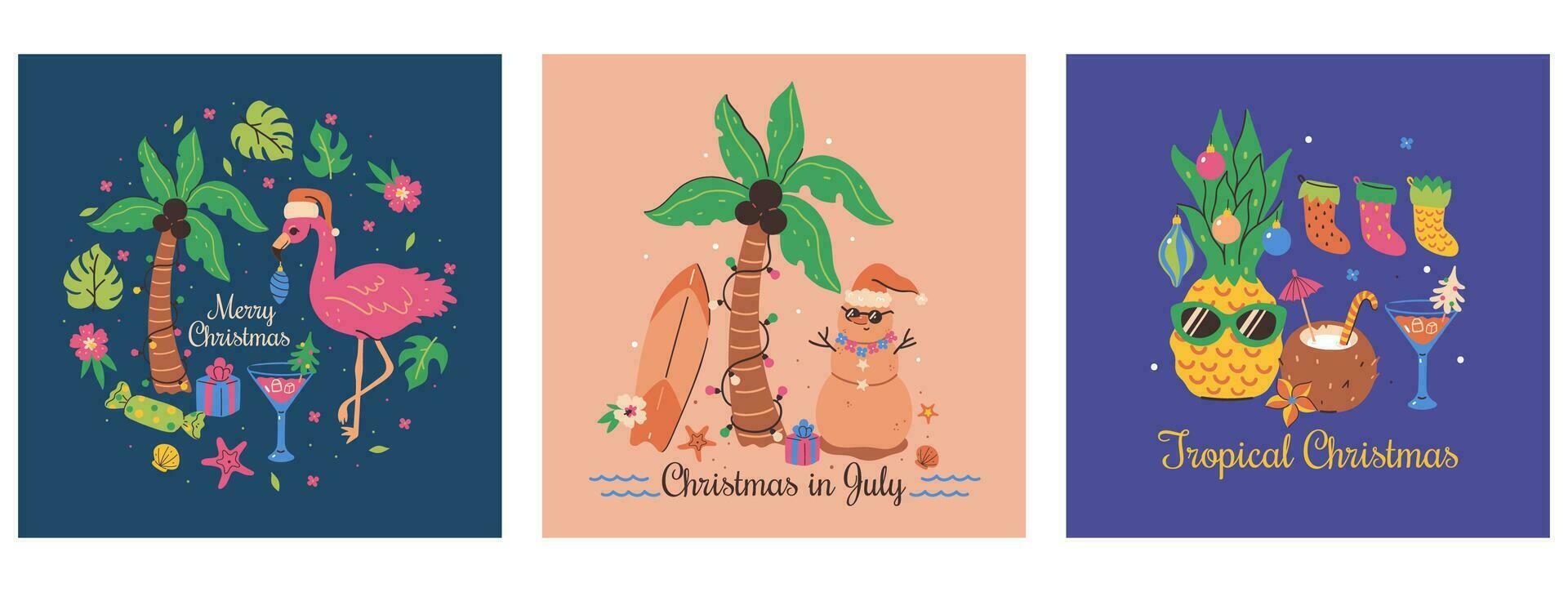 conjunto de Navidad tropical tarjetas con flamenco, piña, palma árbol. vector gráficos.