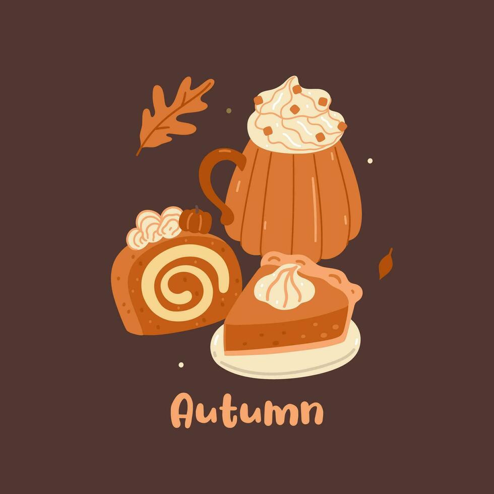 Autumn card or poster with pumpkin drink and desserts. Vector graphics.