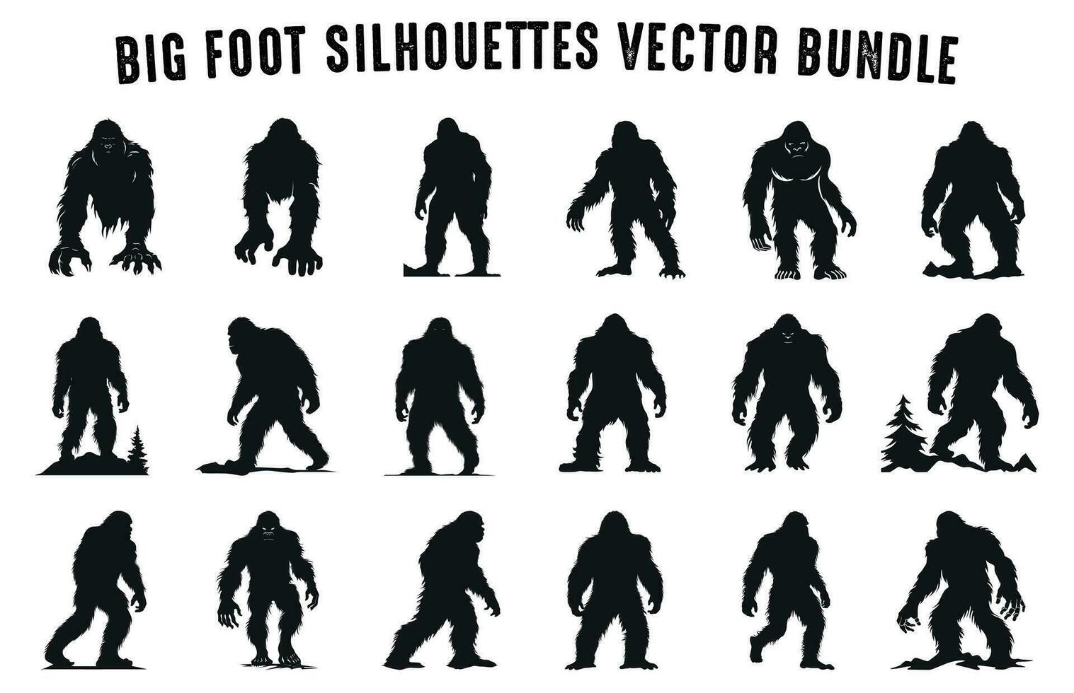 Bigfoot Vector Silhouettes Clipart Bundle, A Set of Yeti vector illustrations and black silhouettes of Bigfoot for t-shirt design