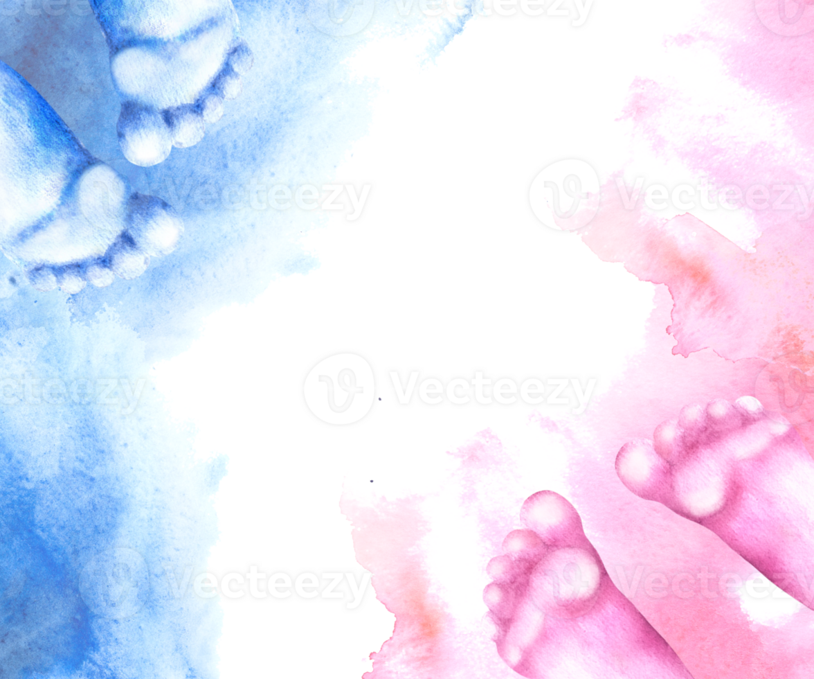 Baby footprints with blue and pink stains frame. Watercolor illustration hand draw. Gender reveal party boy or girl, newborn celebration, happy birthday invitation, frame, card png