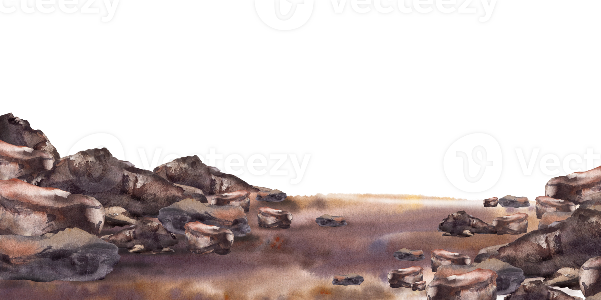 Sandy sea shore with stones. Ocean beach. Maritime banner Watercolor illustration hand drawn. Landscape detail for your design card, flyer, poster, travel booklet, print png