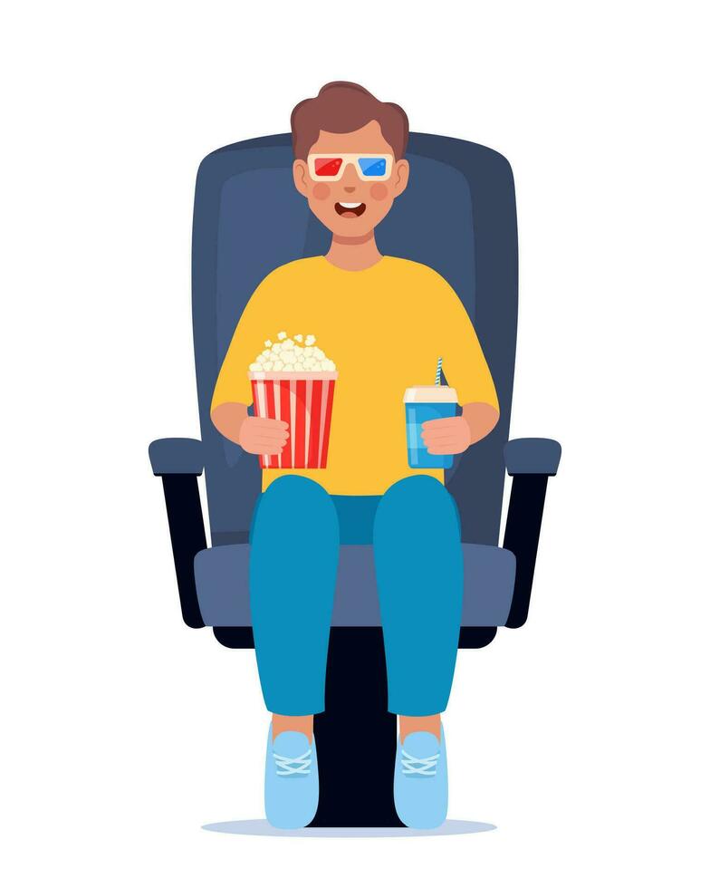 Kid watching movie with 3d glasses. Soda and popcorn in kids hands. Cinema theater entertainment for children. Vector illustration.