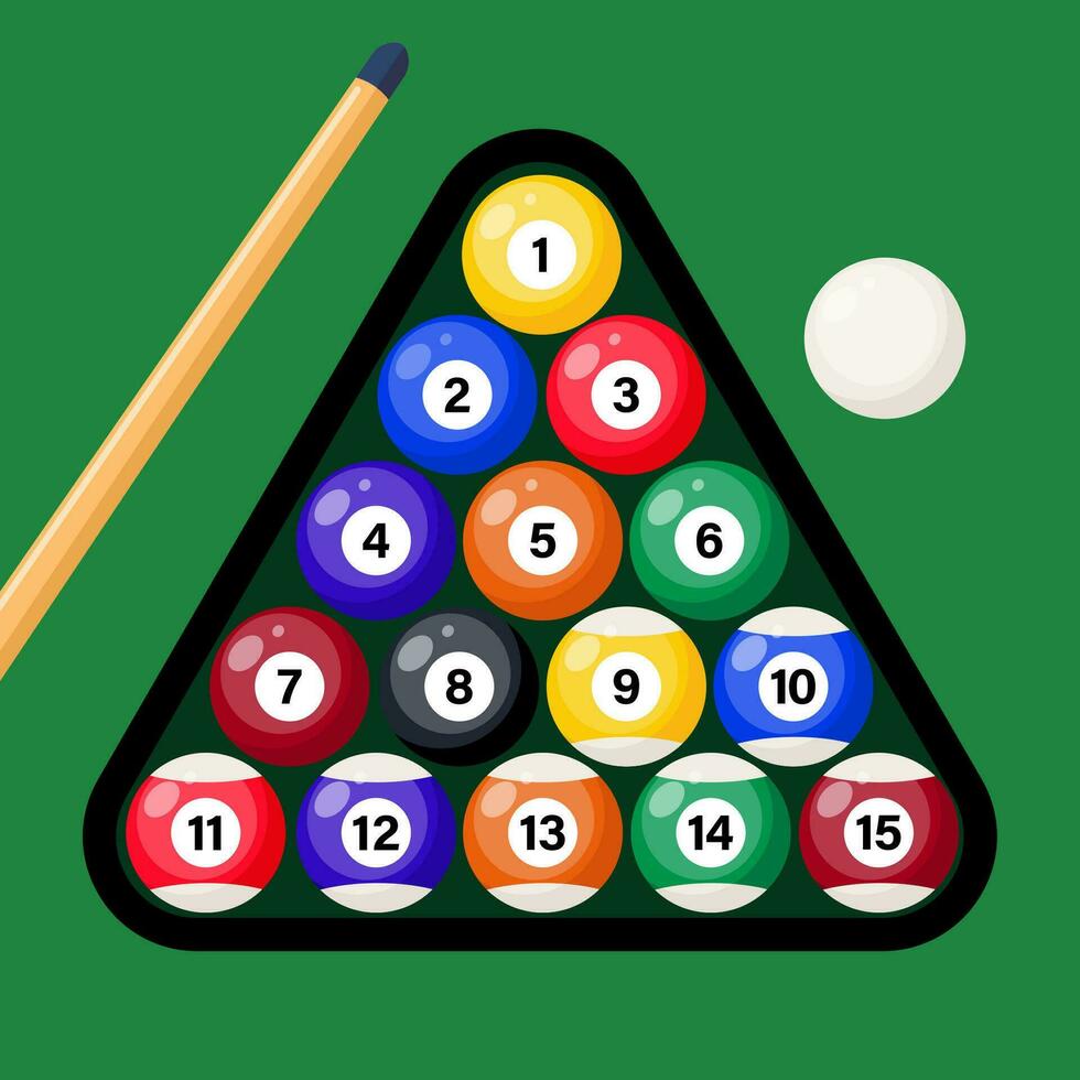 Billiard cue and pool balls in triangle on green table. Billiard balls, triangle and pool stick for game on green table top view. Vector illustration.