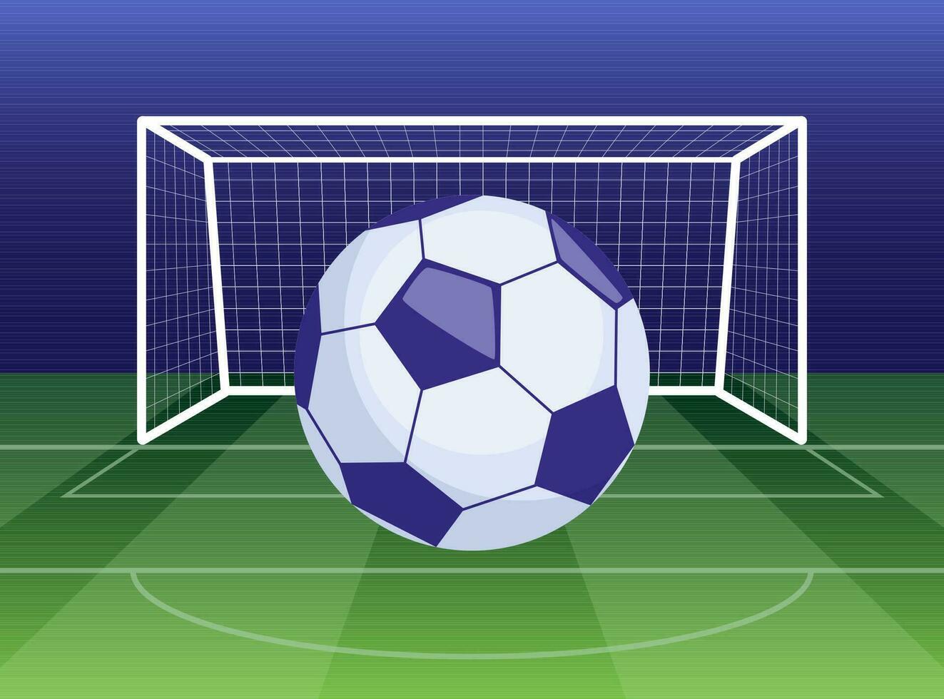 Soccer ball on green field in front of goal post. Football ball against sport stadium. Vector illustration.