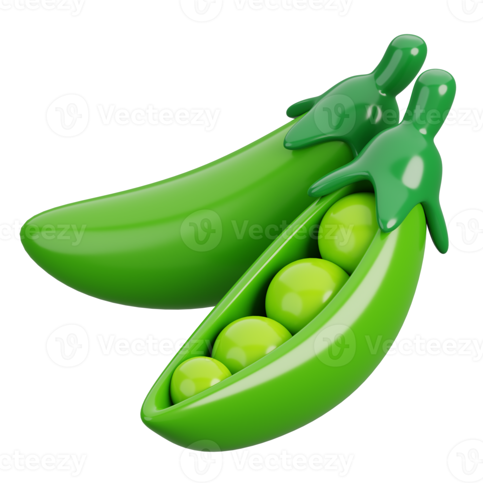 Cartoon fresh green pea pod with beans vegetable isolated. 3d render illustration. png