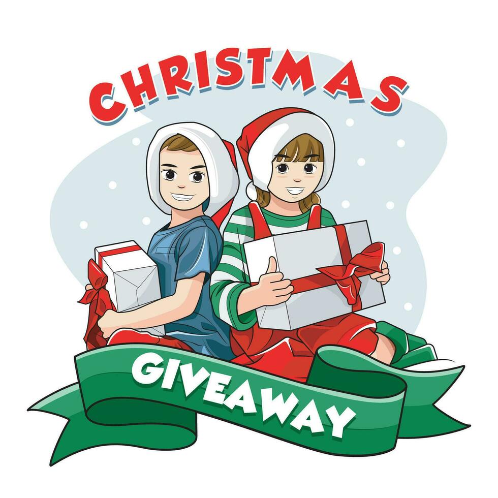 Christmas giveaway concept illustration. Cute little children with Christmas gift boxes. Vector illustration