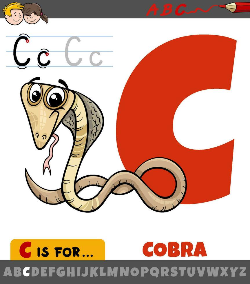 letter C from alphabet with cartoon cobra animal character vector