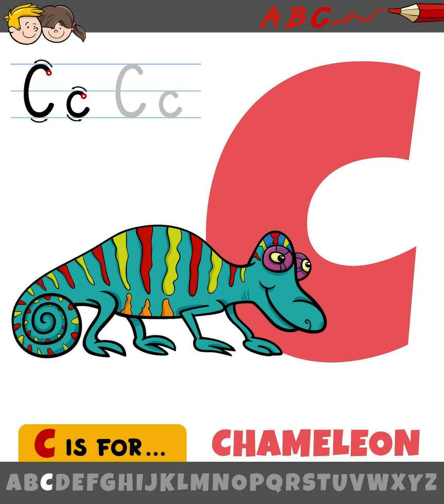 letter C from alphabet with cartoon chameleon animal vector