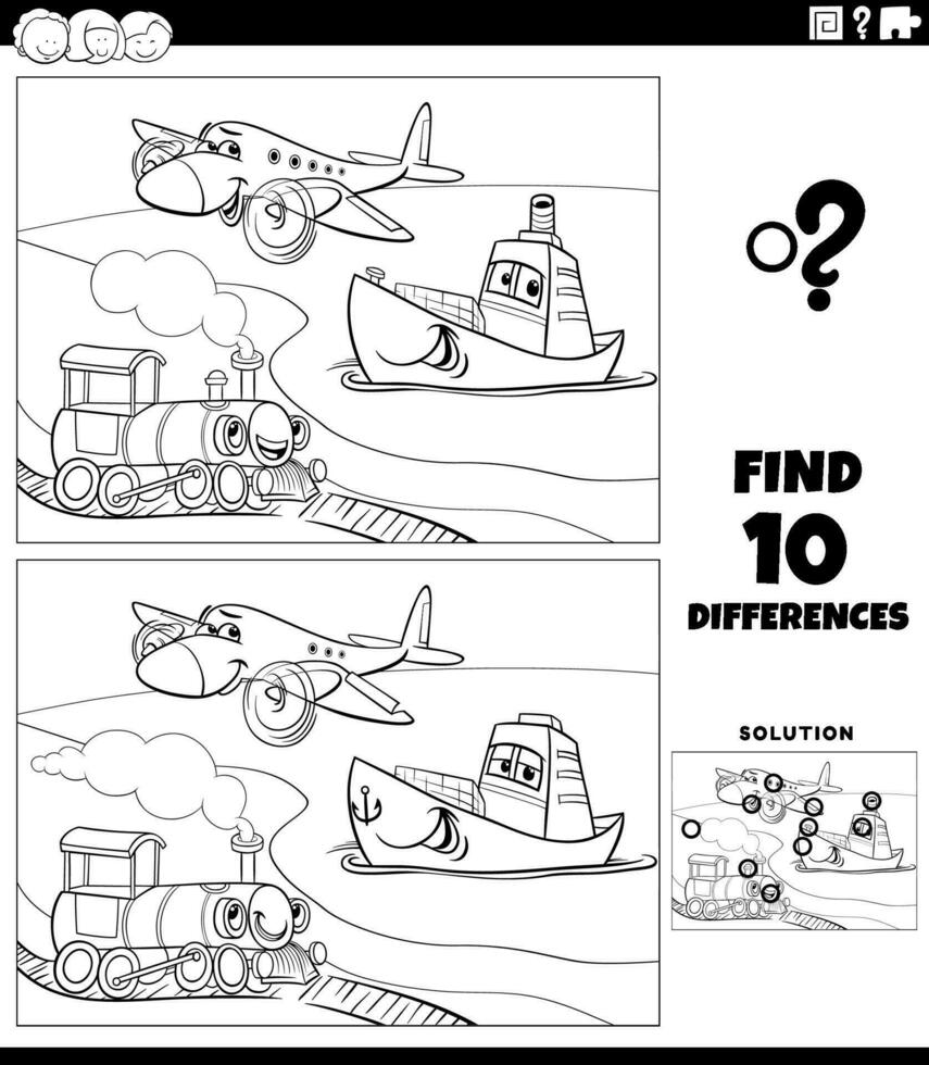 differences activity with transportation vehicles coloring page vector