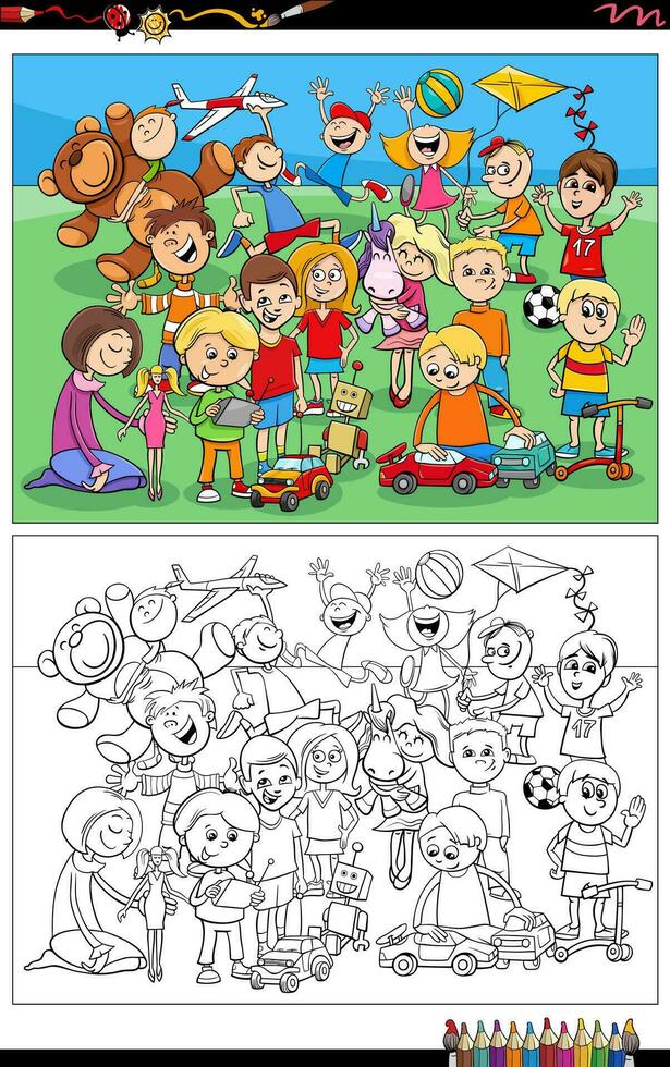 dibujos animados niños y juguetes caracteres grupo colorante página vector