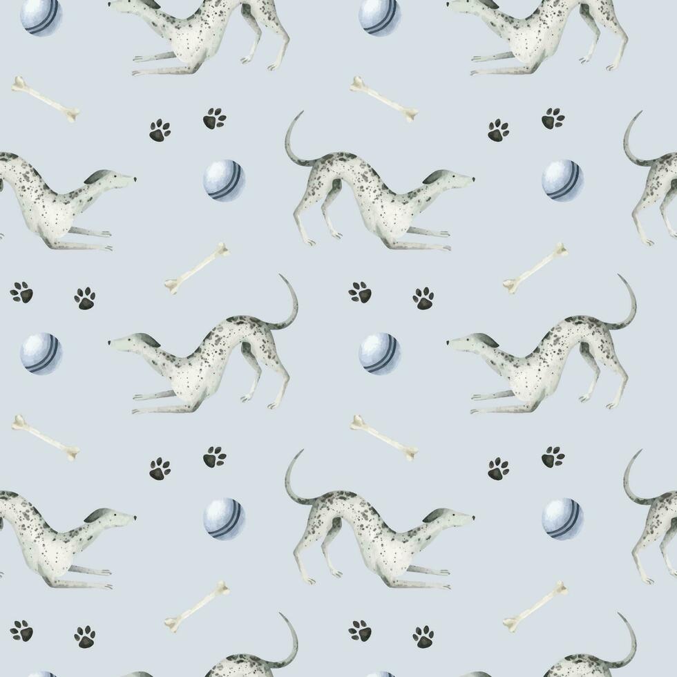 A whippet dogs. A pet dogs. The hound dog Dogs, paws, balls and bones. Watercolor seamless pattern.Cute pet-themed print for, fabric, design, veterinary clinic,pet store, logo,scrapbooking, pet tags. vector