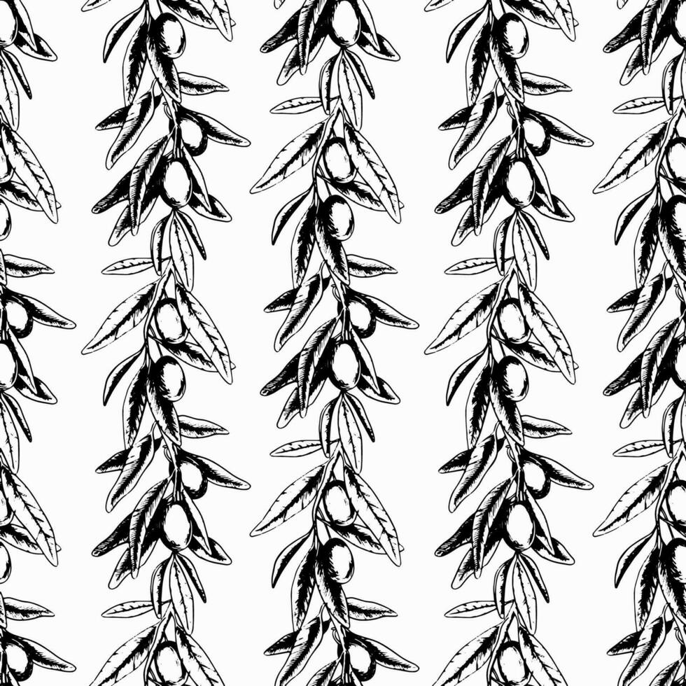 Olive branches, leaves and fruits. Seamless pattern. Hand draw illustration in sketch style. Engraving. Background for fabric, packaging paper, scrapbooking, product packaging design vector