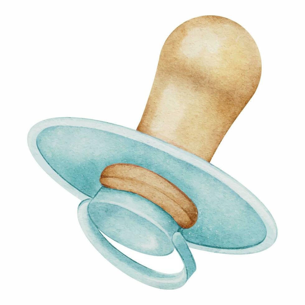 Baby's dummy or soother. Cute pacifier for infant boy. Newborn care. Watercolor illustration