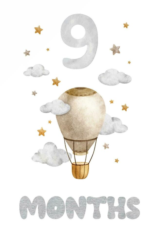 Baby Milestone Card with Beige Hot Air Balloon, clouds and stars. Baby's nine month. Nine month of baby. Monthly numbers cards. Newborn month postcard. Card for kids' photos. vector