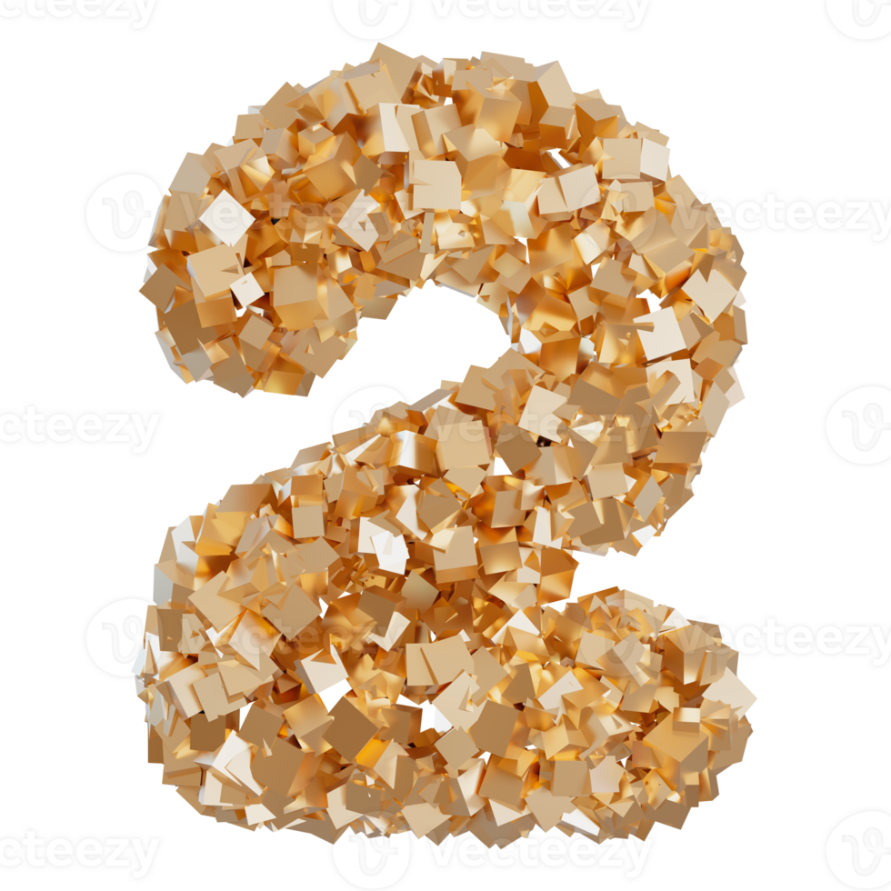Golden number two, on transparent background. Symbol 2, made from shiny