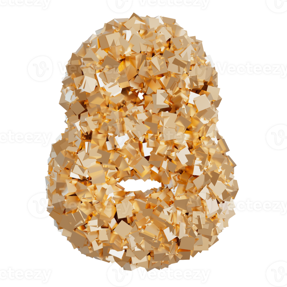 Golden number eight, on transparent background. Symbol 8, made from shiny gold particles. Trendy, luxury, modern design element. Cut out object. Anniversary or eighth birthday. Special event. 3D. png