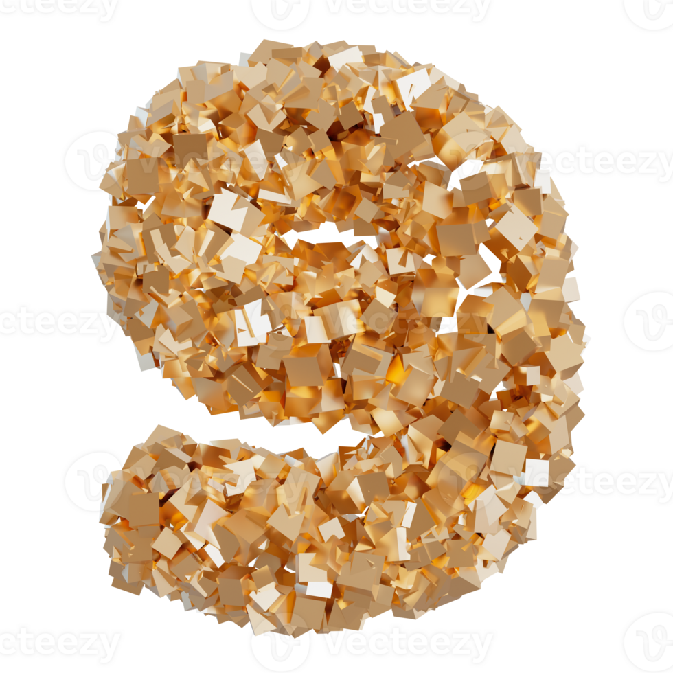Golden number nine, on transparent background. Symbol 9, made from shiny gold particles. Trendy, luxury, modern design element. Cut out object. Anniversary or ninth birthday. Special event. 3D. png