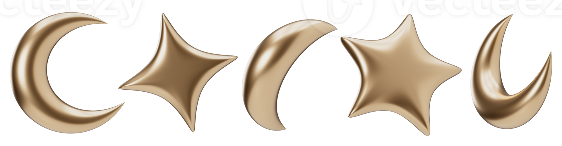 Golden 3D moons and stars group on transparent background. Cut out design elements. Night, sweet dreams signs. Nighttime. 3D render. png