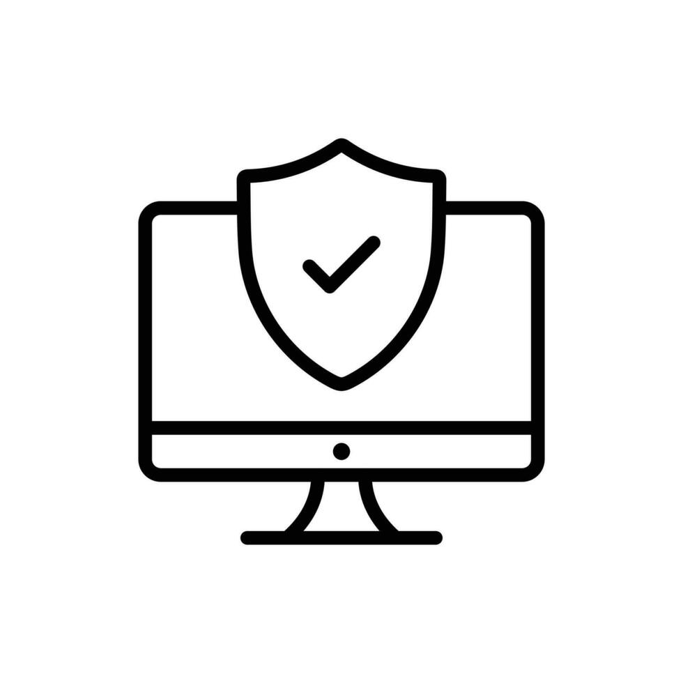 Computer with shield checkmark, data and network security concept icon in line style design isolated on white background. Editable stroke. vector