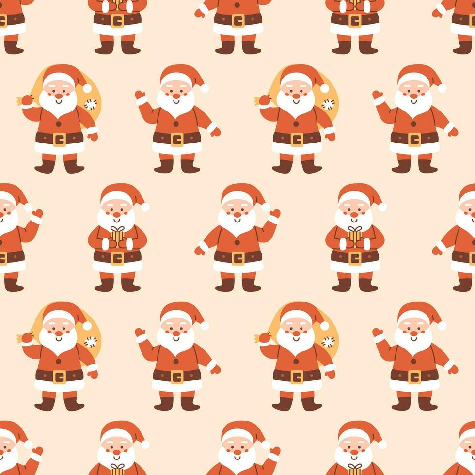 Vector seamless pattern with cute smiling Santa Claus characters. Christmas and New Year background. Funny cartoon characters in red hat. Wrapping design with Santa Claus.