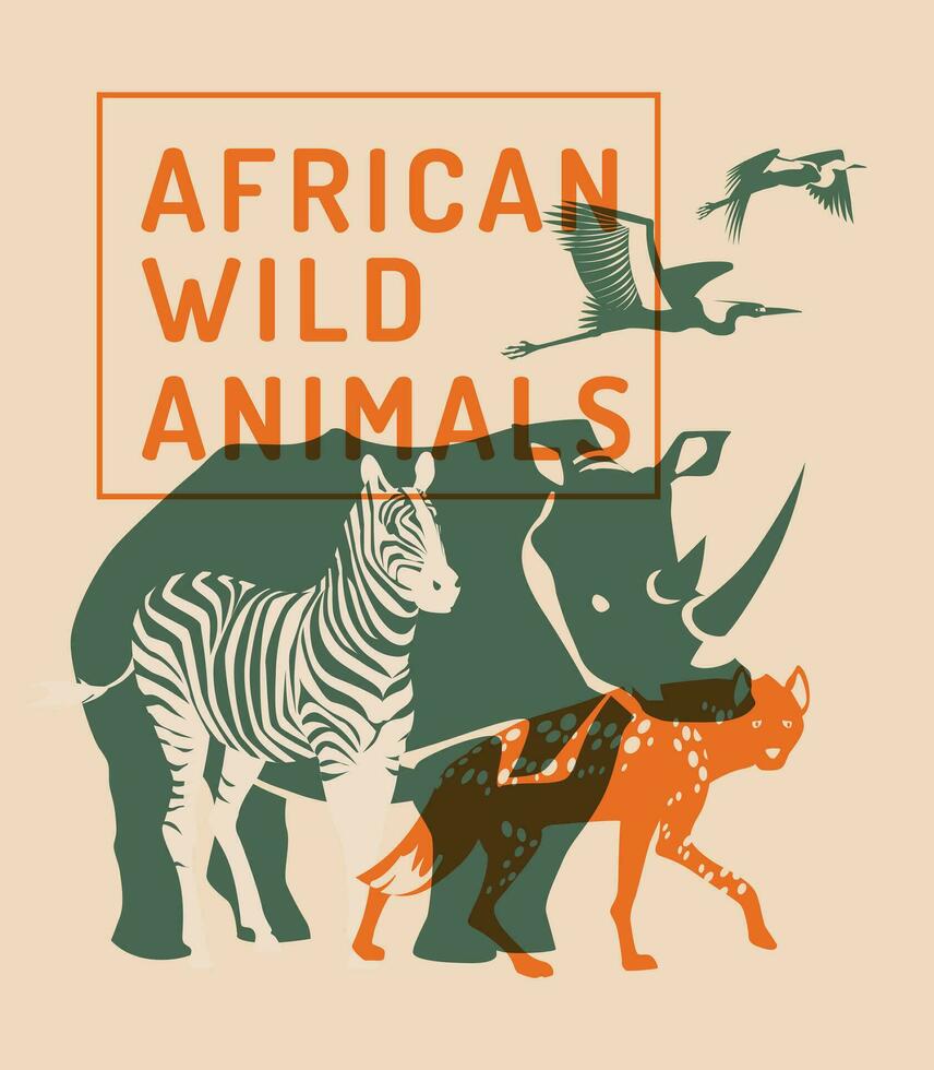 Silhouettes of wild African animals. Hyena, rhinoceros, zebra, heron. Risograph effect. Vector flat illustration. Zoo, tourism concept advertising.