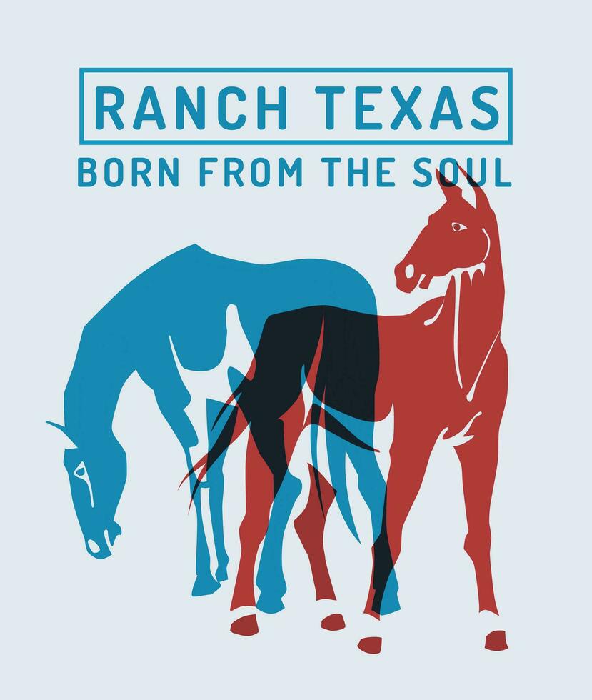 red and blue horses. Risograph effect. Ranch, breeding and farm emblem. Vector flat illustration.