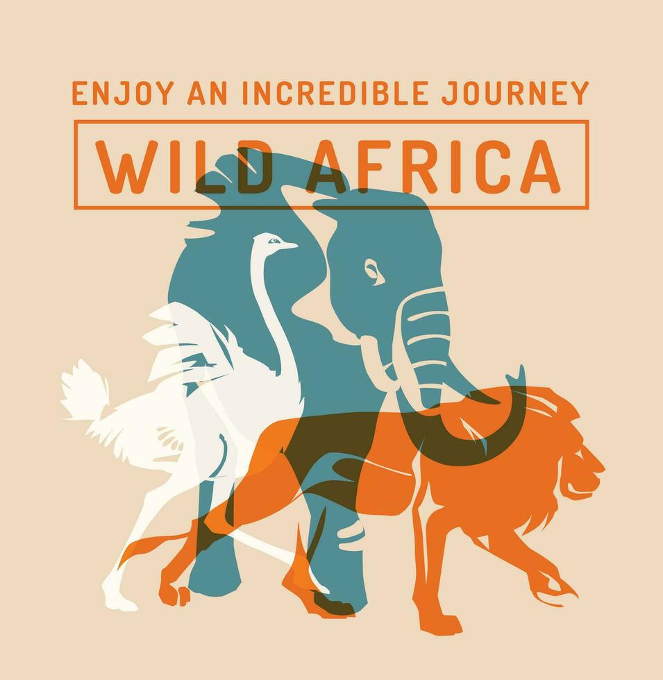 Silhouettes of wild African animals. Ostrich, lion, elephant. Risograph effect. Vector flat illustration. Zoo, tourism concept advertising.
