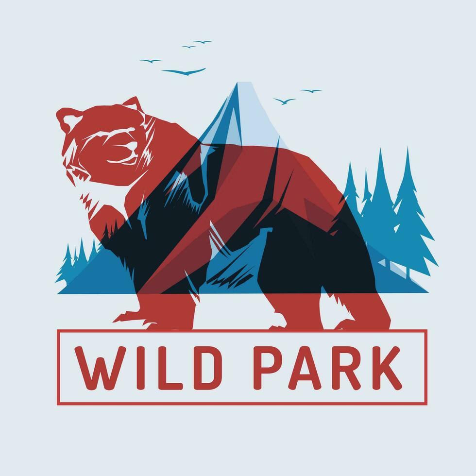 red bear on the background of blue mountains. Risograph effect. National Wild Park. Vector flat illustration