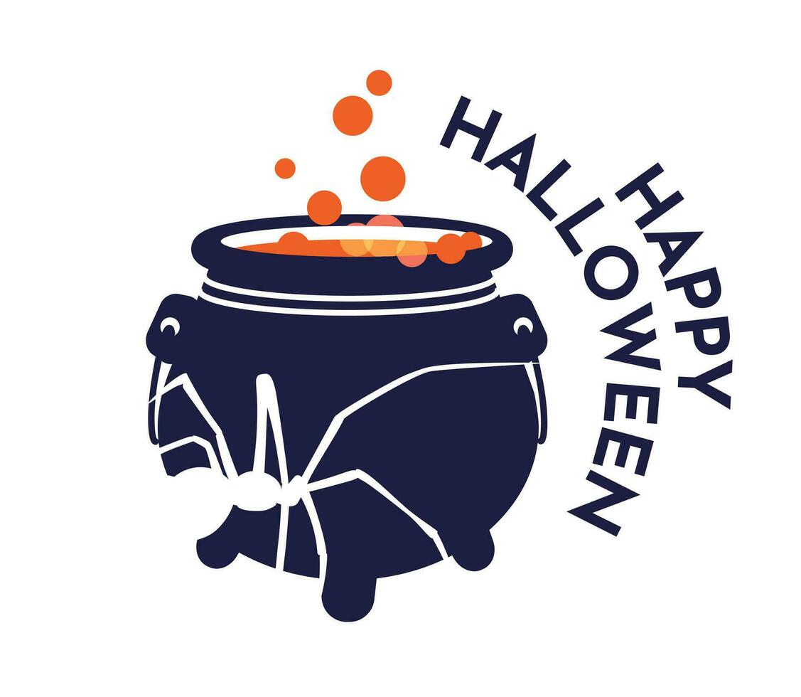A witch's pot with poisonous poison in a spider's web. Risograph effect. Concept of a greeting card for Halloween. Flat vector illustration