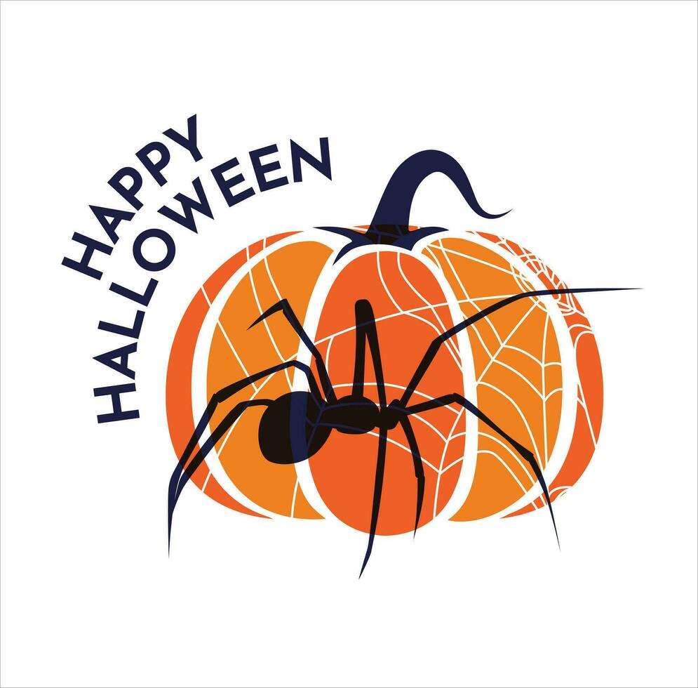 pumpkin in a spider's web. Risograph effect. Halloween greetings concept. Vector flat illustration