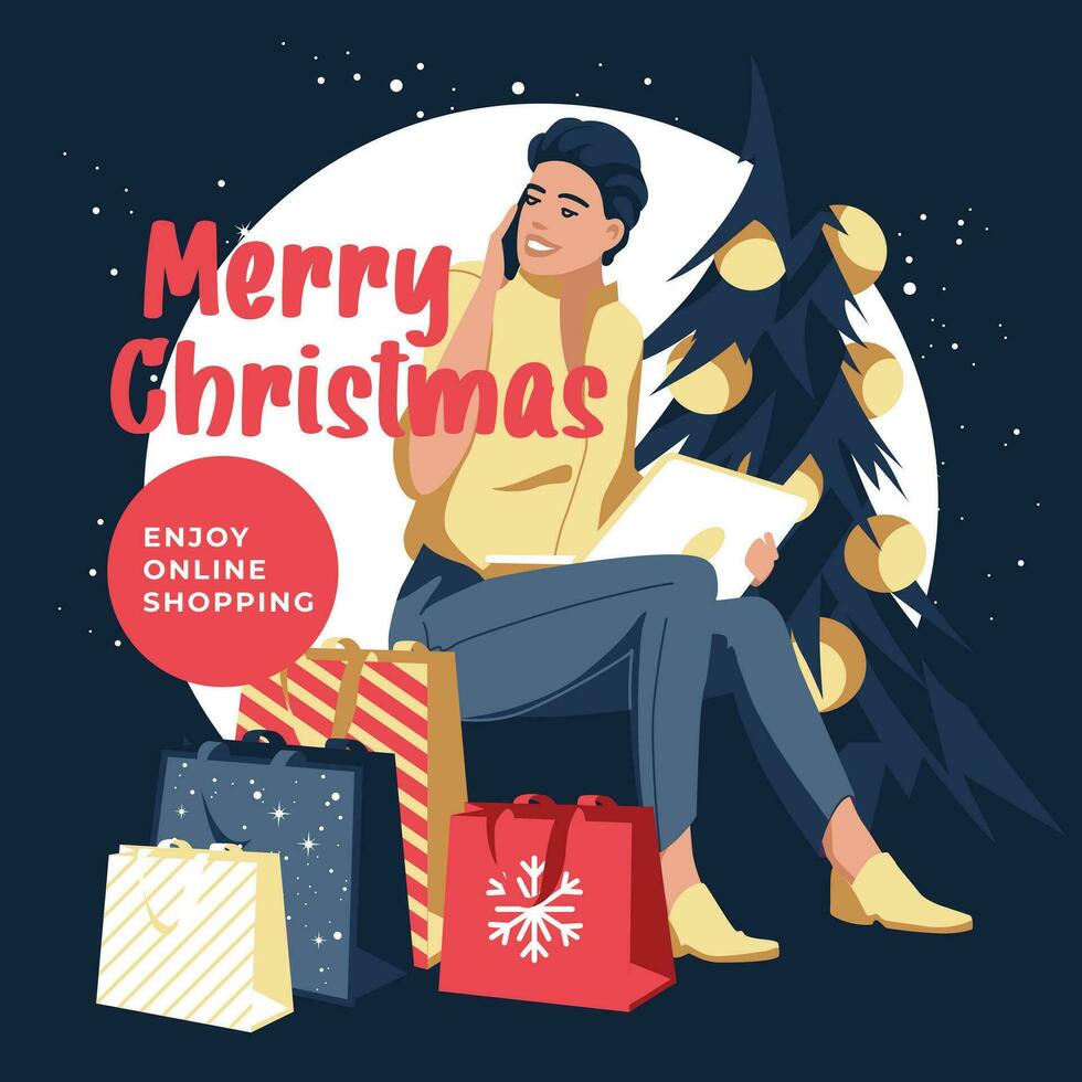 joven mujer haciendo en línea compras para Navidad regalos utilizando ordenador portátil y teléfono. Navidad árbol, decoraciones, nieve, festivo humor. vector plano ilustración