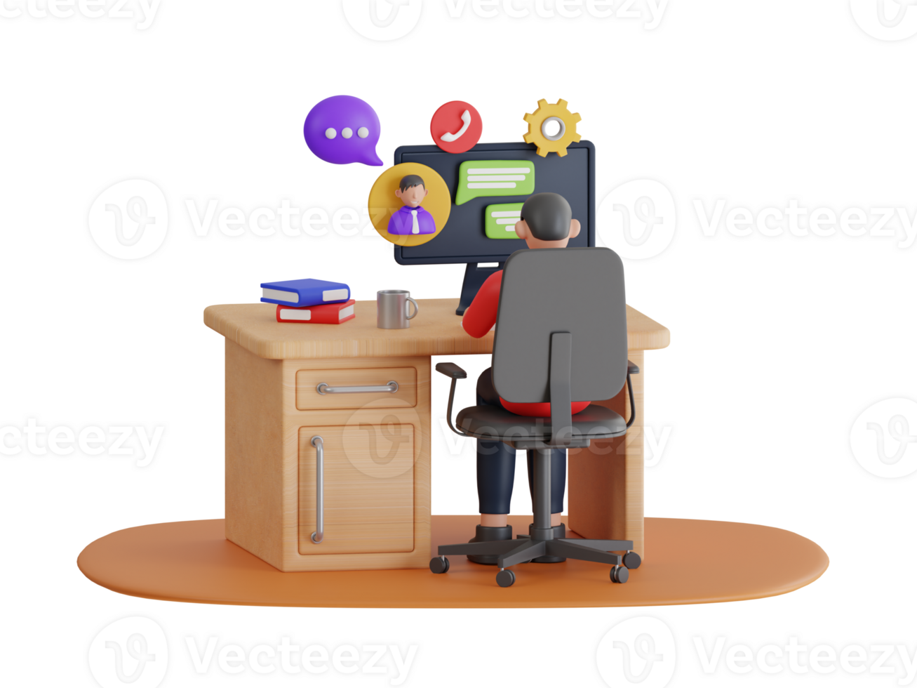 3d illustration of business personal assistant online service. Professional virtual assistant sitting at desk and working with computer png