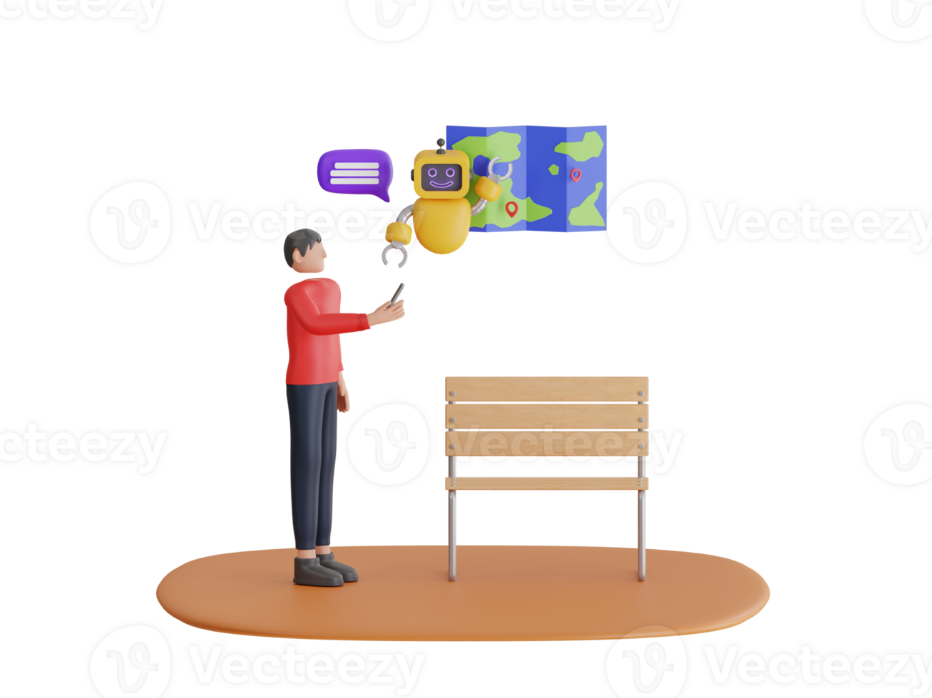 Navigation Map Assistant 3D Illustration. Automated intelligent navigation system. man using smartphone searching world map png