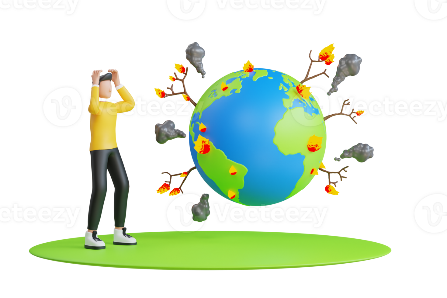 forest fire increasing due to global warming. 3d illustration of earth on fire, burning of forests, human destruction png