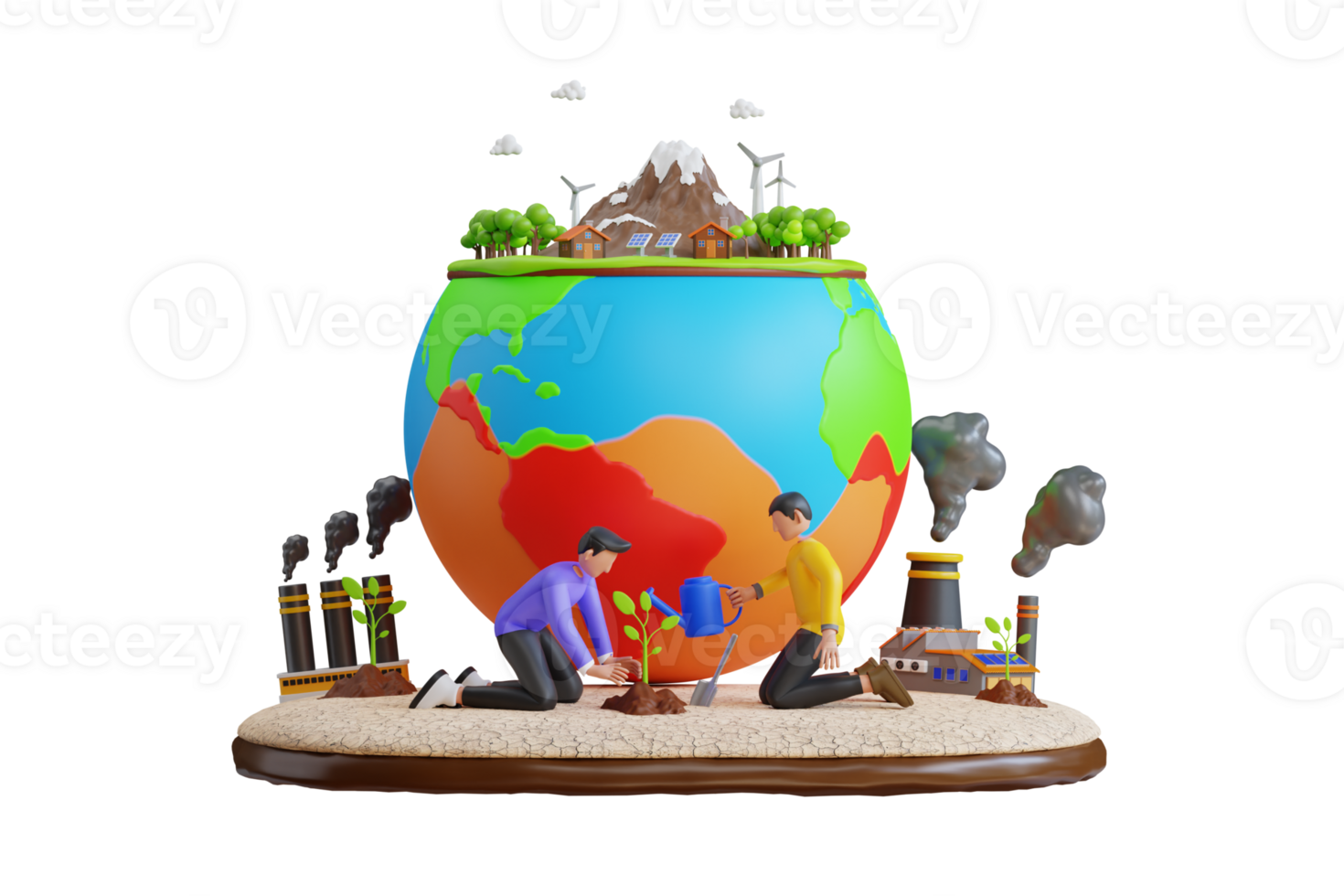 schützen das Welt von Verschmutzung. Menschen nehmen Pflege Über Planet Ökologie. wachsend Pflanzen und wählen verlängerbar Ressourcen. 3d Illustration png