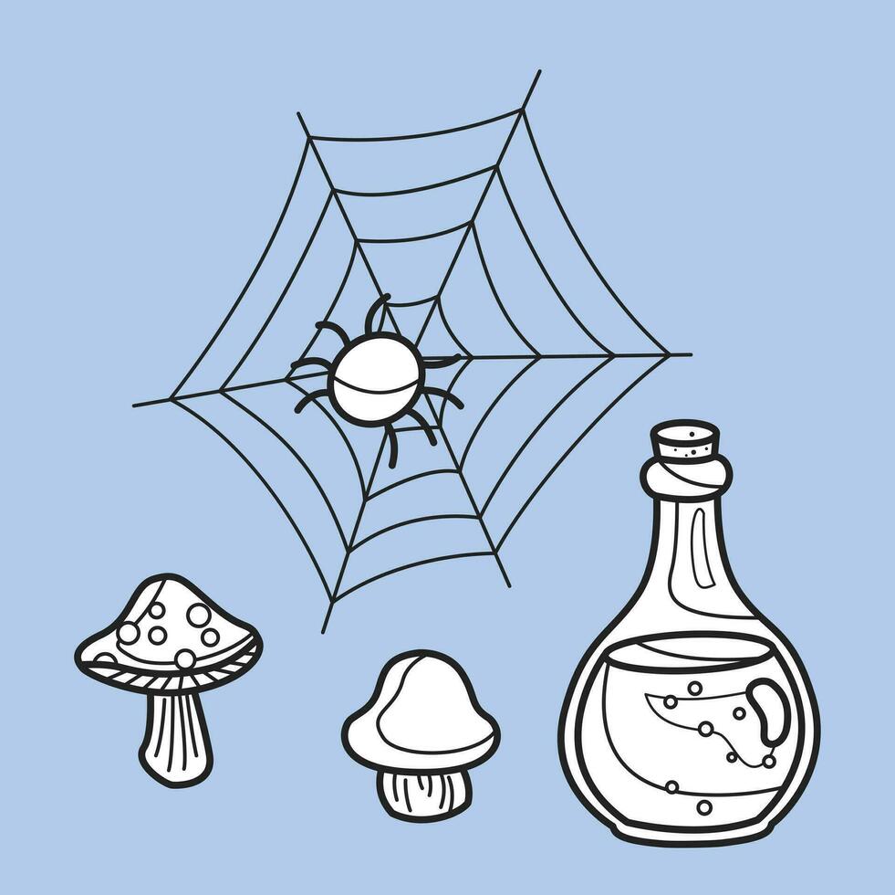 Cute Halloween Spider Web and Mushrooms and Magic Bottle Cartoon Digital Stamp Outline vector