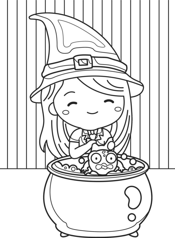 Cute Witch Halloween Kids and Frog Cartoon Coloring Pages for Kids and Adult Activity vector