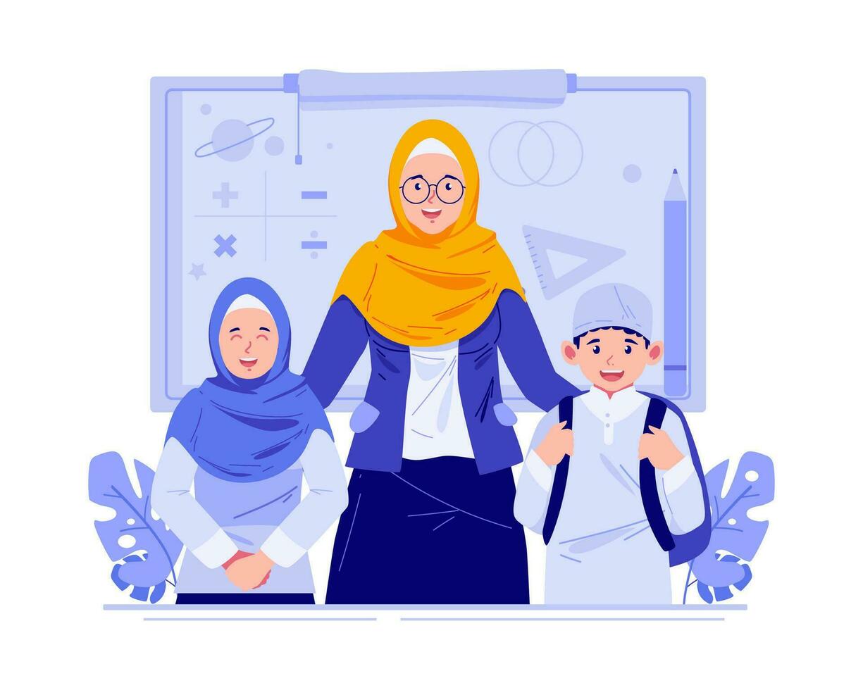 contento profesores día. un musulmán hembra profesor con niños estudiantes. mundo profesores día celebracion vector