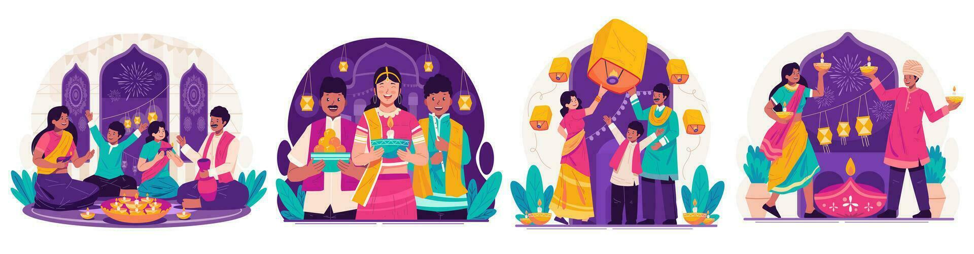 ilustración conjunto de contento diwali saludos. indio personas en tradicional ropa participación iluminado petróleo lamparas o diya celebrando diwali festival de luces vector